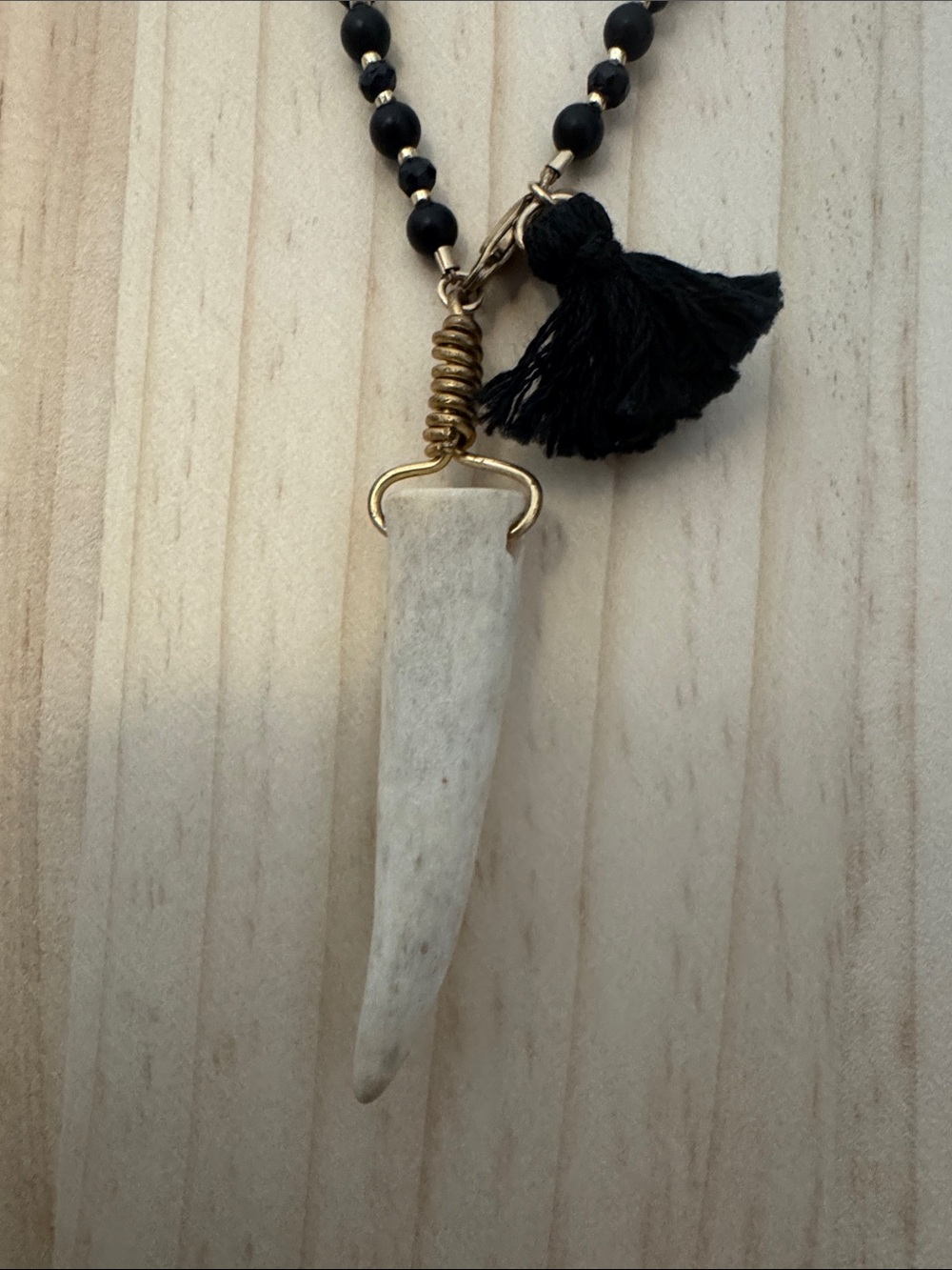 Twine and Twig Black Beaded Layered Necklace with Tassel and White Stone Pendant - Picture 2 of 4